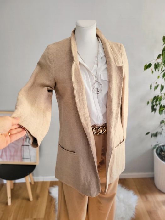 Minimalistyczna długa marynarka żakiet Zara S len bawełna old money