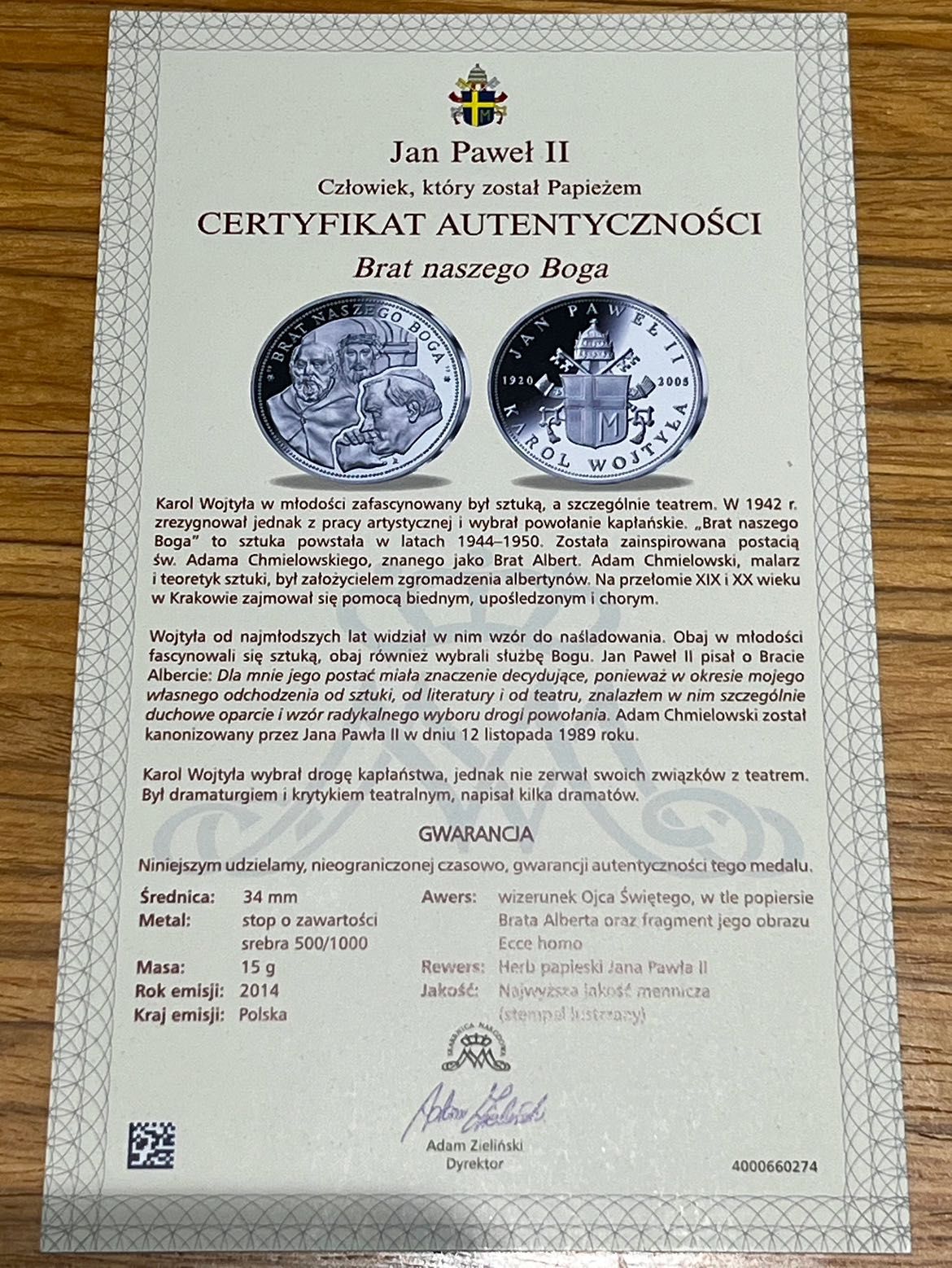 Srebrny medal Jan Paweł II "Brat Naszego Boga" z 2014 roku