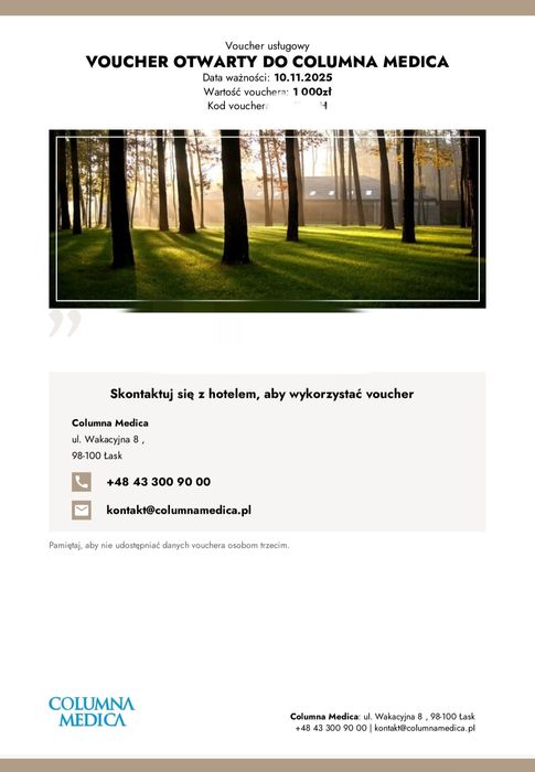 VOUCHER do Columna Medica Łask/Kolumna 1000 zł