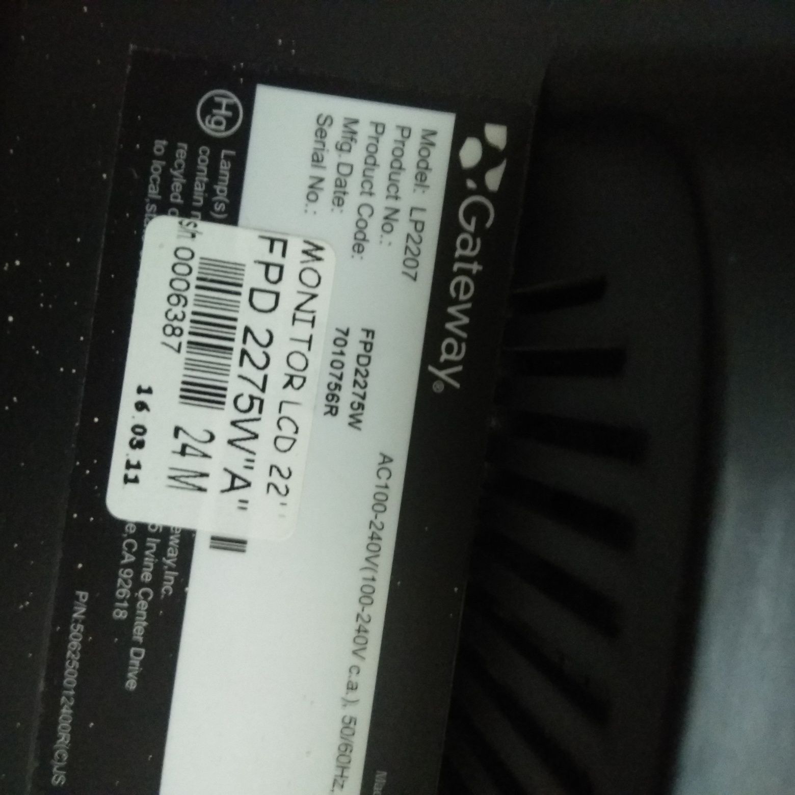 Monitor Gateway LP2207 do naprawy