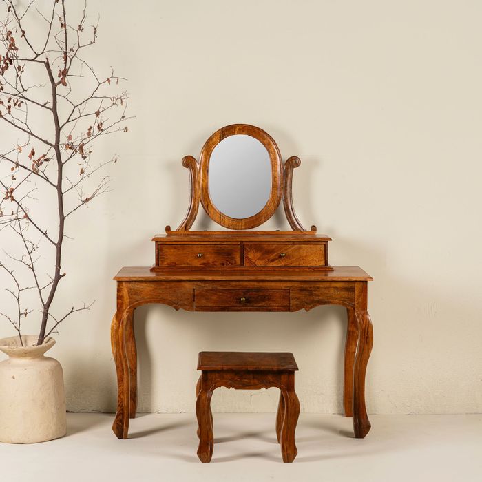 toaletka Flora zestaw biurko lustro taboret drewno mango szuflady boho