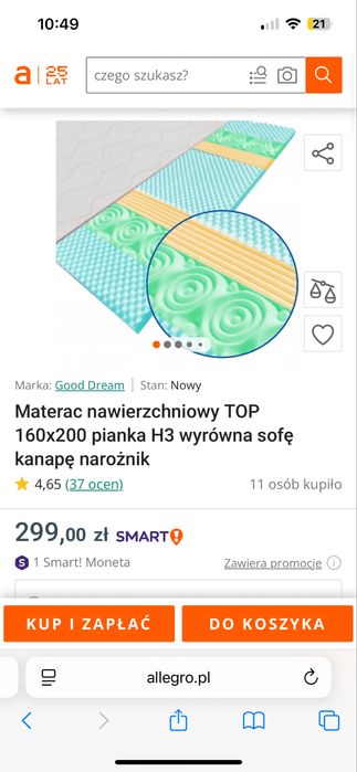 materac nawierzchniowy / topmaterac 6cm 160x200 H3