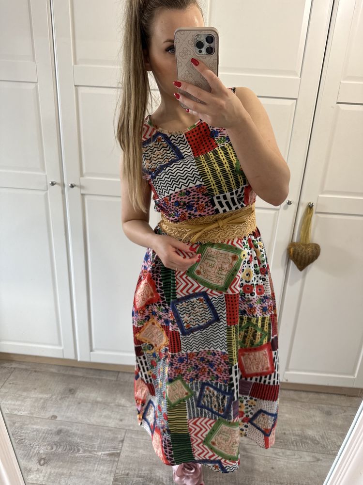 Sukienka maxi etno boho patchwork patchworkowa kolorowa L unikat