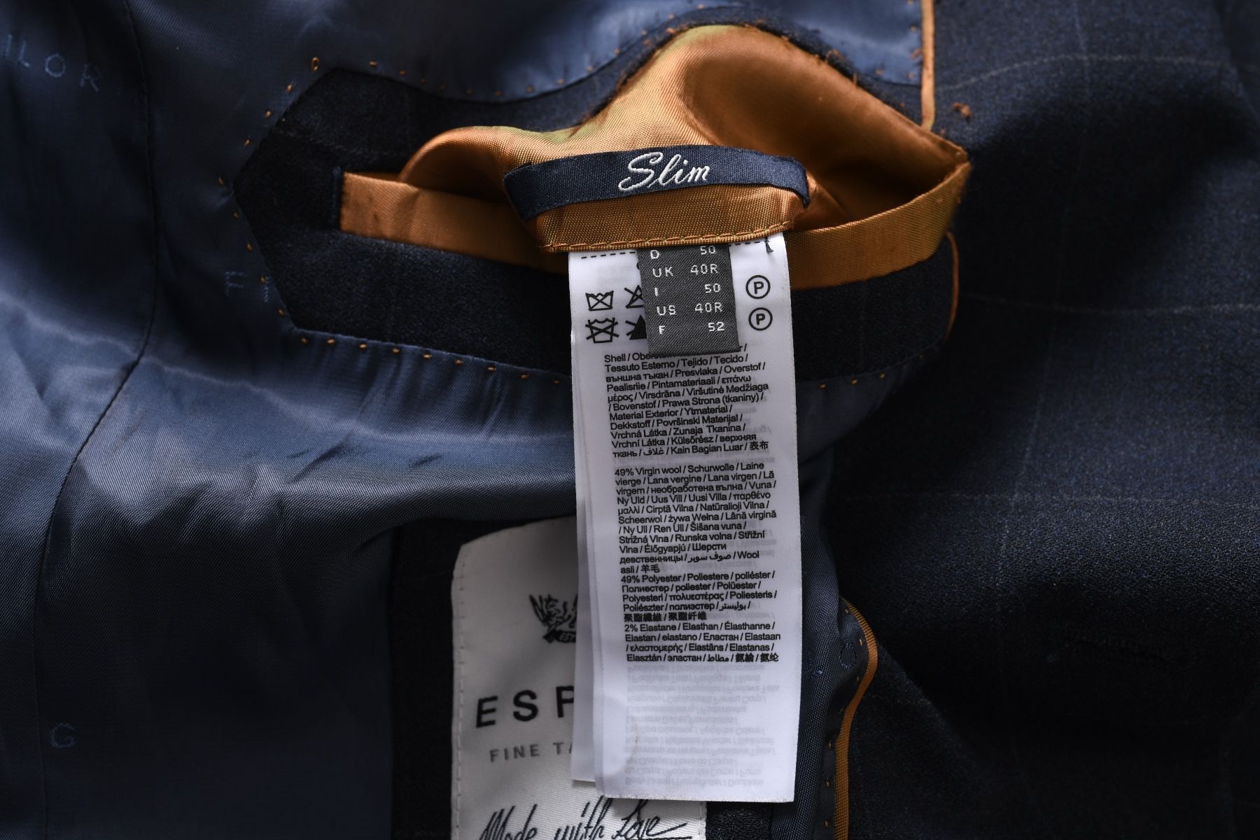 ESPRIT granatowy garnitur męski w kratkę 49% wełna dziewicza slim r 48