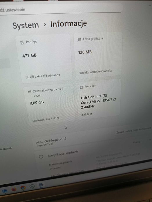 DELL Inspiron 15 3511 Intel i5 2.40GHz 8GB SSD M.2 512GB Win 11 Home