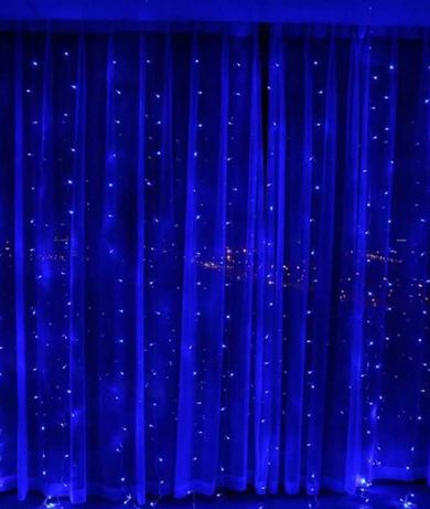Неоновая гирлянда водопад, большая синяя светодиодная LED Штора 3х2 м