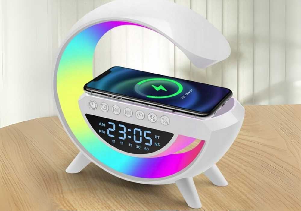 Lampka LED RGB Głośnik Ładowarka INDUKCYJNA Zegar Budzik Głośnik