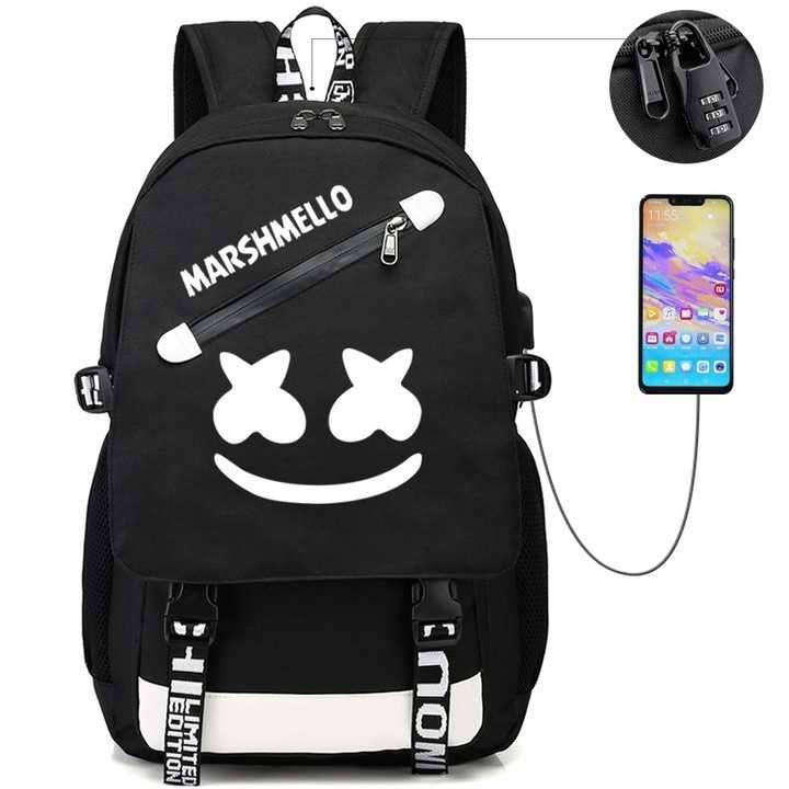 Plecak Szkolny Młodzieżowy Świecący Odblask USB Marshmello