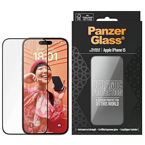 Szkło ceramiczne PanzerGlass Ceramic Protection na iPhone 15 z pozycjo