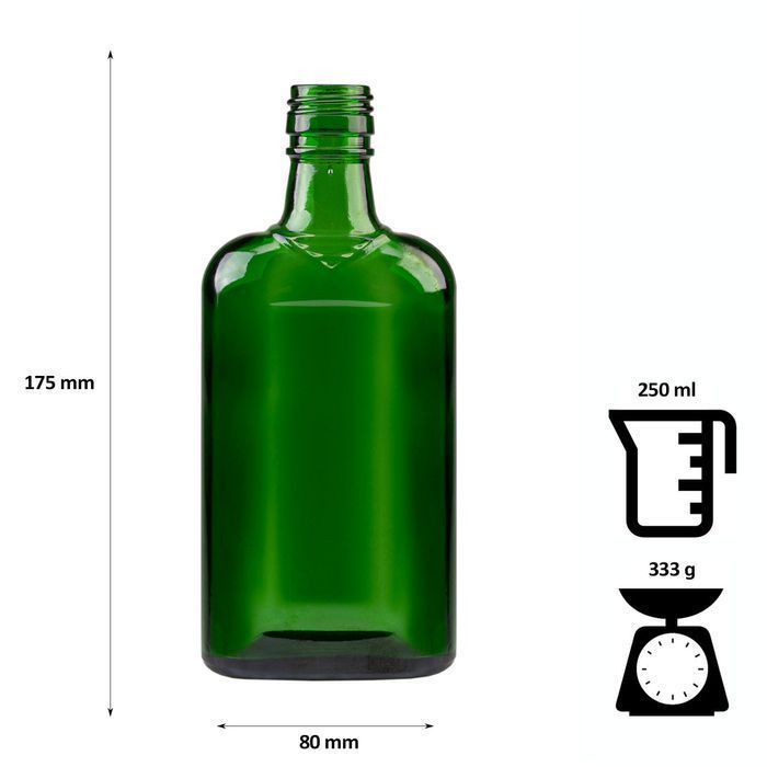 50x butelka PŁASKA 250 ml ZIELONA na nalewki bimber wódkę z zakrętką