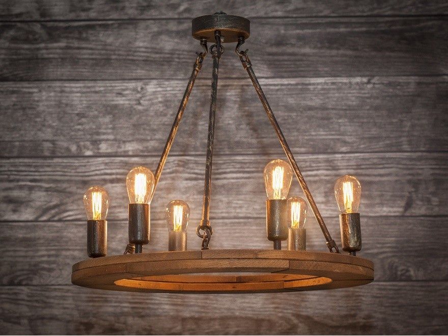 Żyrandol Rustykalny Koło 50cm lampa drewniana fazowana