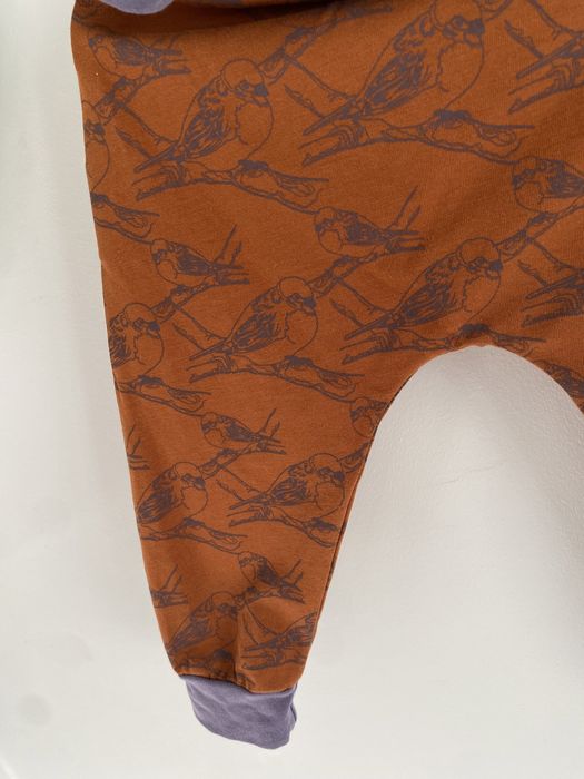 Legginsy be Kids 62/68 ptaszki musztardowe fioletowe falbanka