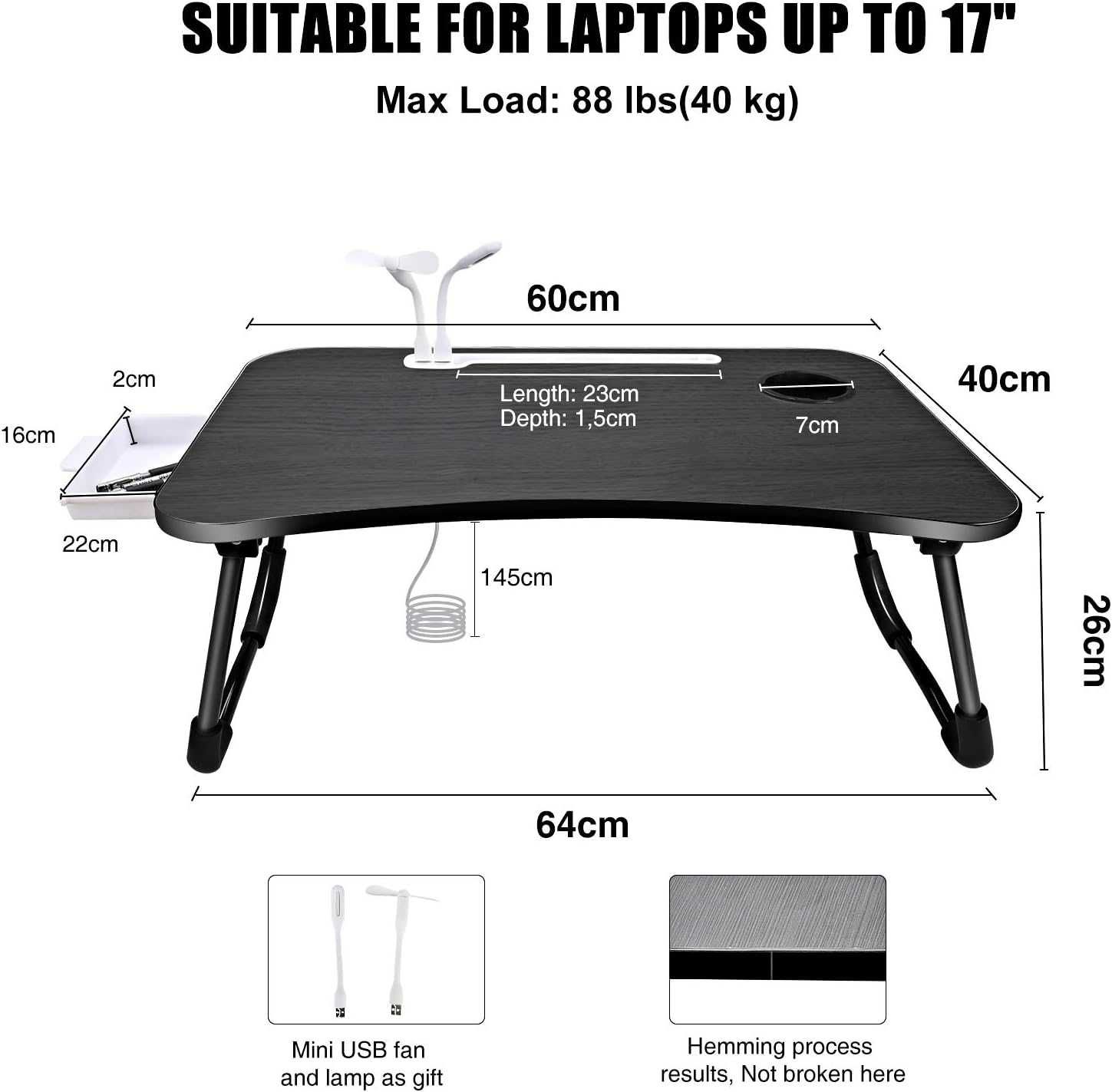 Stolik Składany Na Laptopa z wbudowaną szufladą oraz portami USB
