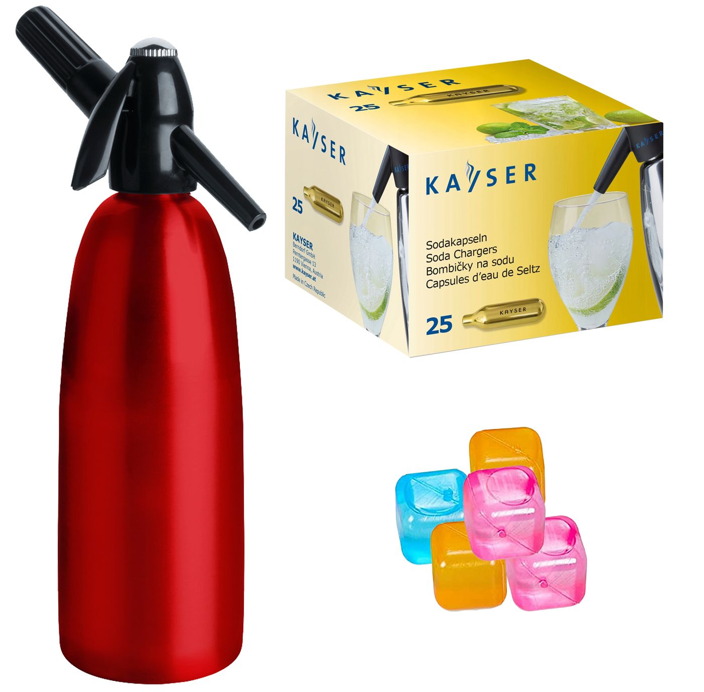 Saturator syfon do wody sodowej czerwony 1L + 25 naboi + 5 kostek lodu