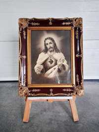Quadro Antigo Sagrado Coração Jesus Cristo Moldura Trabalhada Dourada