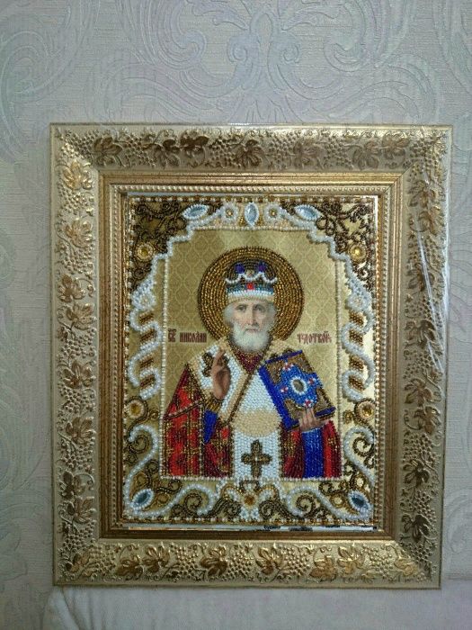 Икона Николай Чудотворец вышитая чешским бисером