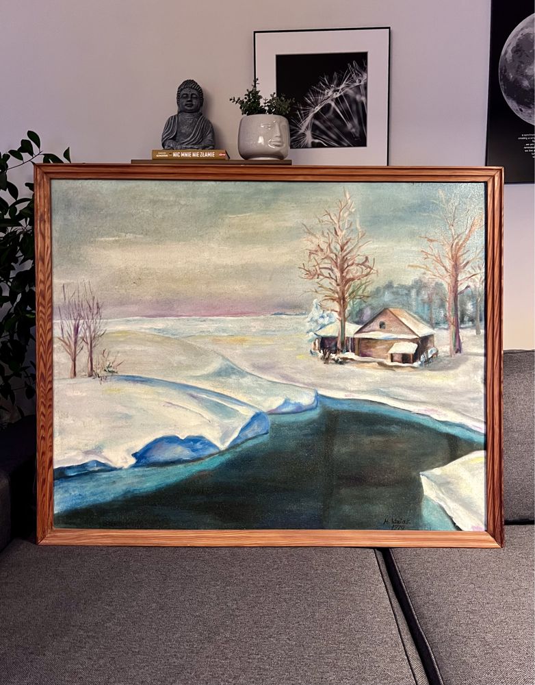 Zima Idziak obraz olej płótnie drewniana rama śnieg krajobraz pejzaż