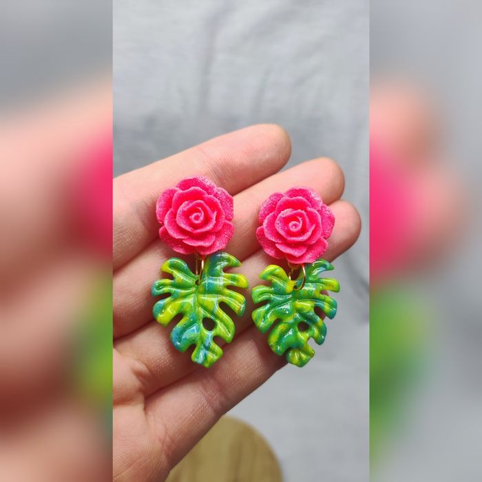 Handmade ręcznie robione kolczyki, z różą/liść