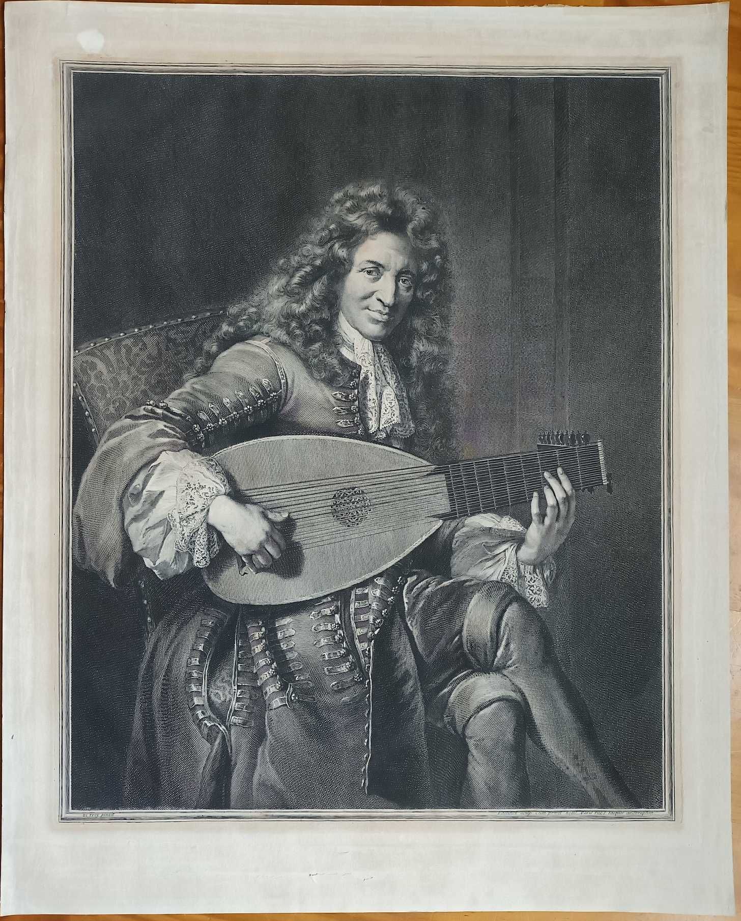 Gravura Antiga do séc XVIII Retrato de Musico a Tocar Alaude
