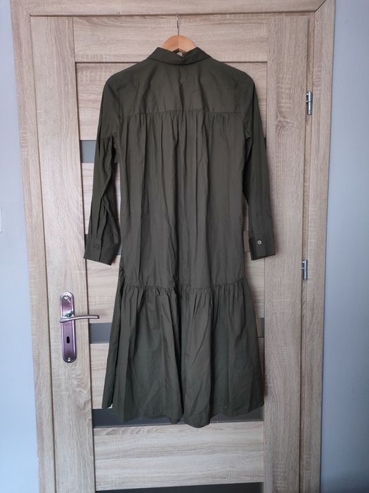 Długa sukienka bawełniana koszulowa rozkloszowana elegancka khaki 38