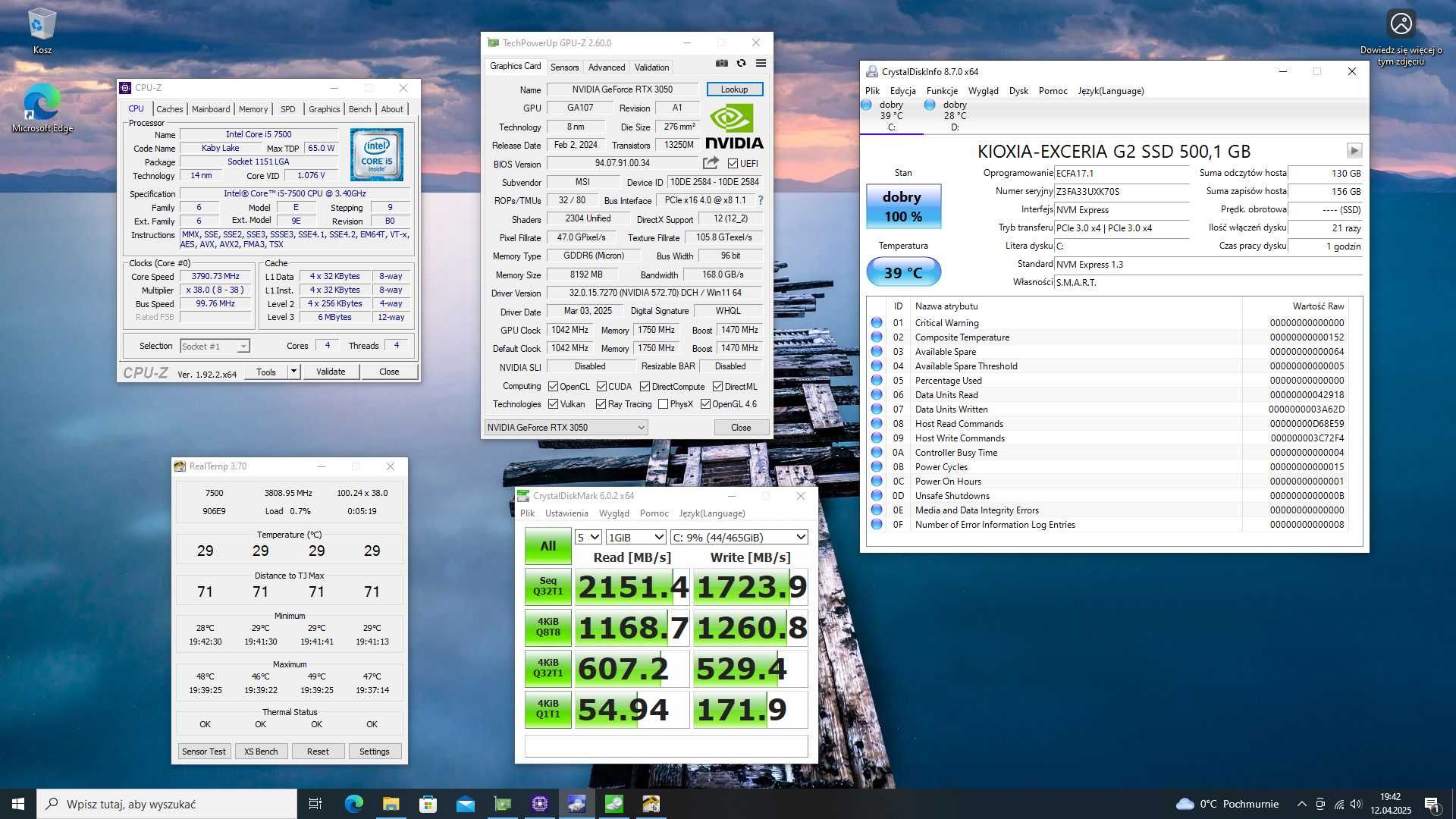 Komputer PC i5 3.8 GHz RTX 3050 16GB RAM 500 NVMe+500 HDD+monitor 24"