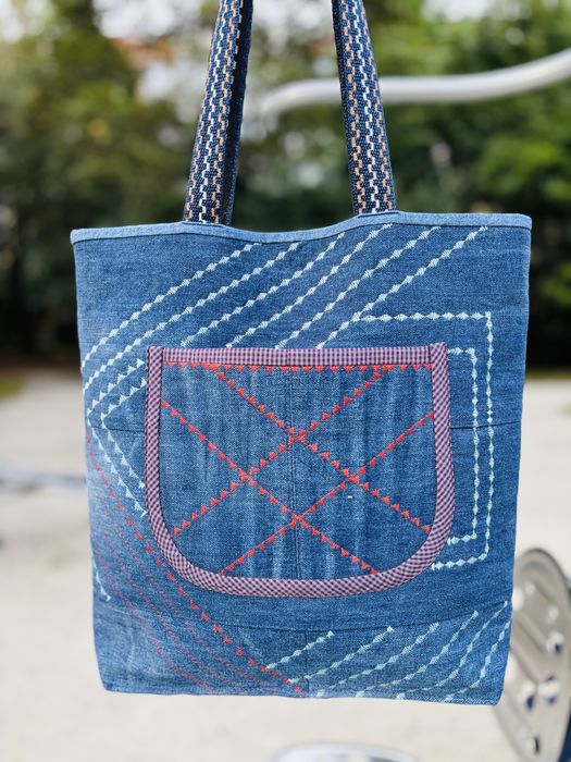 Torba handmade z dżinsu z motywem domków Unikalny shopper