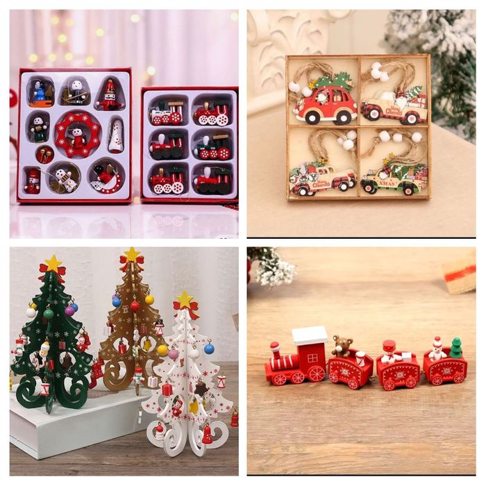 Новорічний декор потяг дерев'яні іграшки ялинка