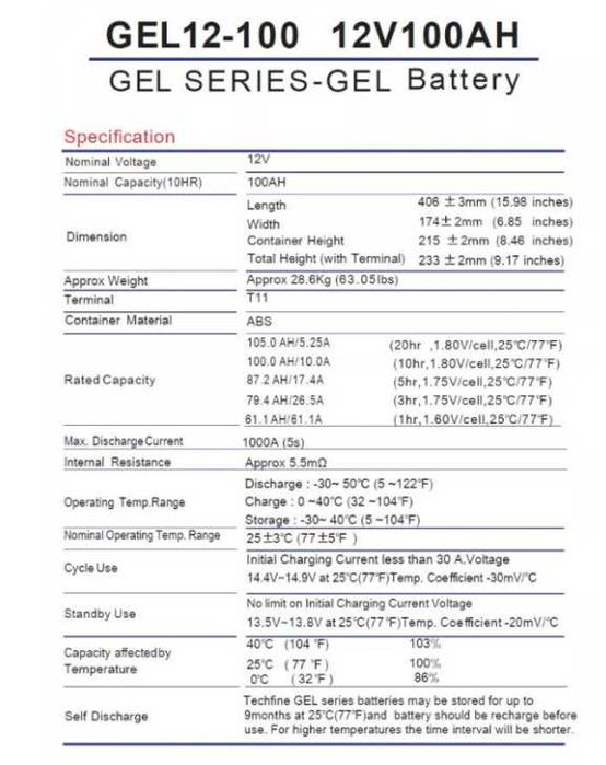 Акумуляторная батарея Techfine GE12V 100AH
