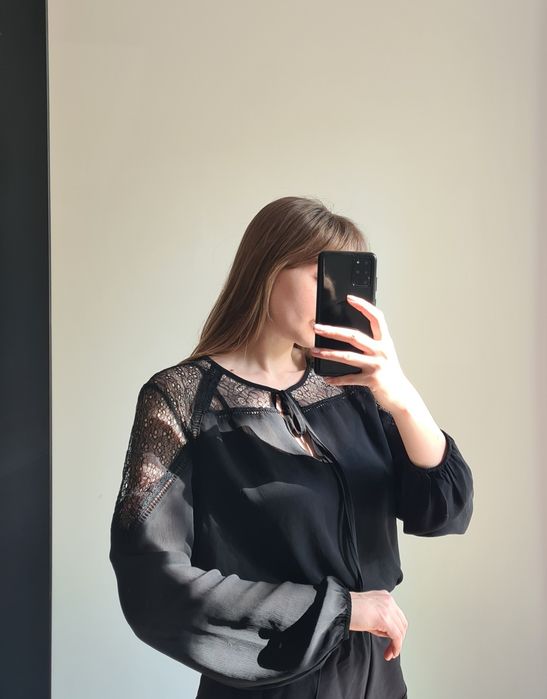 Elegancka czarna szyfonowa bluzka koronka długi rękaw XL/42