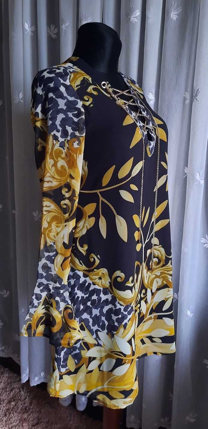 Guess luksus logo łańcuszek czarna musztardowa szyfon sukienka S