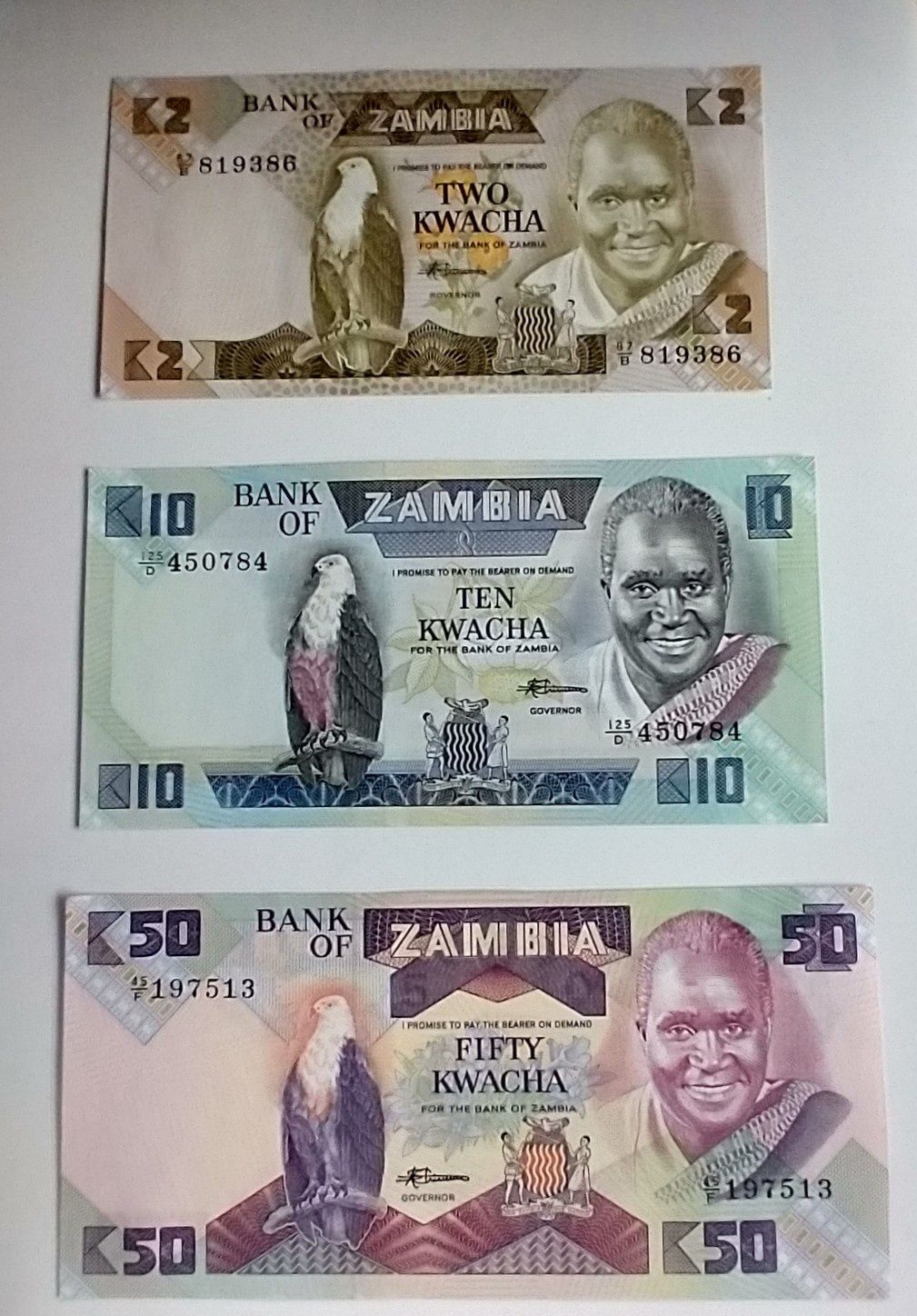 zestaw banknotów 2 - 50 kwacha , Zambia  , 3 szt , stan bankowy