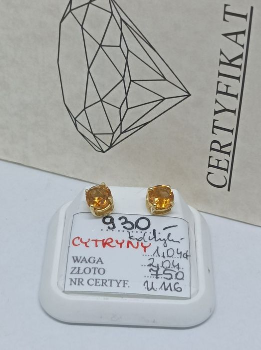 Złote kolczyki z cytrynami, złoto 750