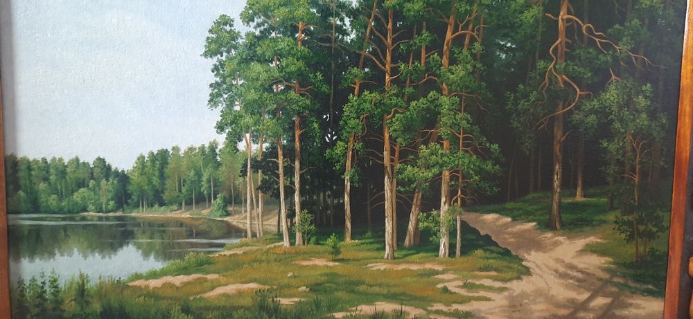Obraz olejny "Sosnowy las nad rzeką "