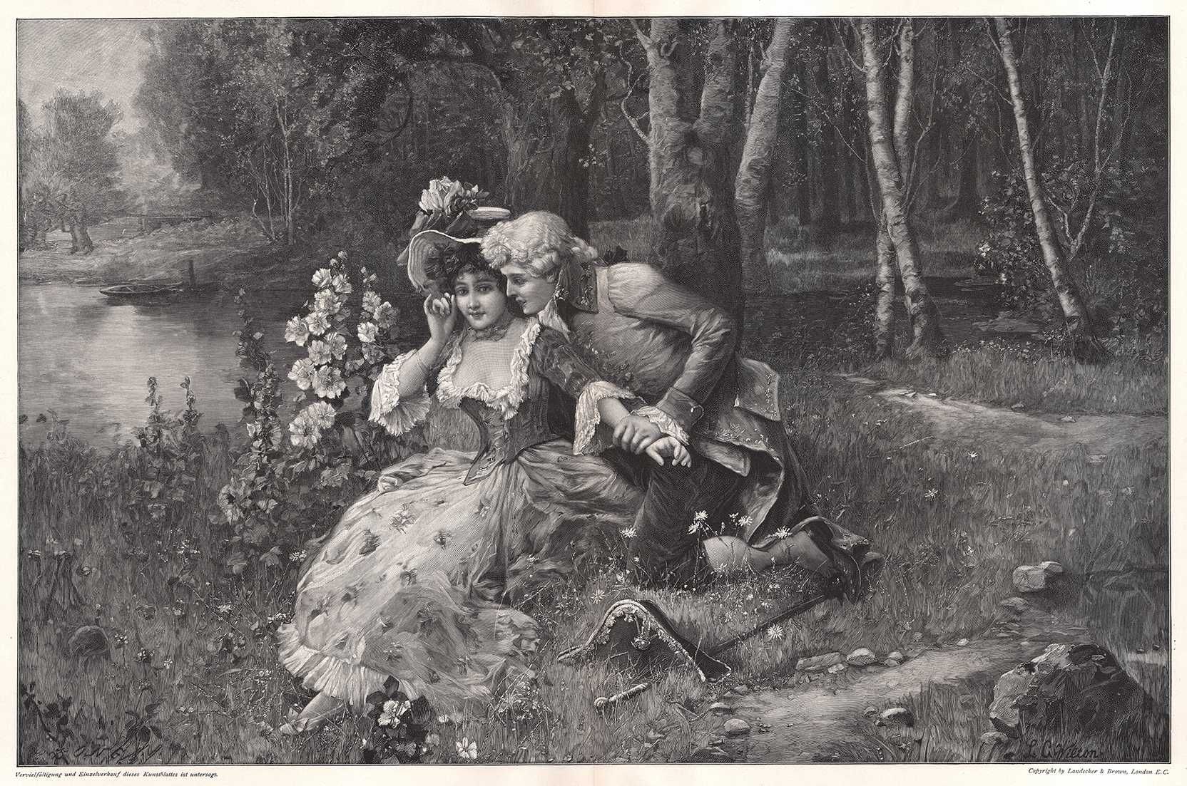 Wilton: Miłosne szepty. Duży efektowny drzeworyt sielankowy 1904 r.