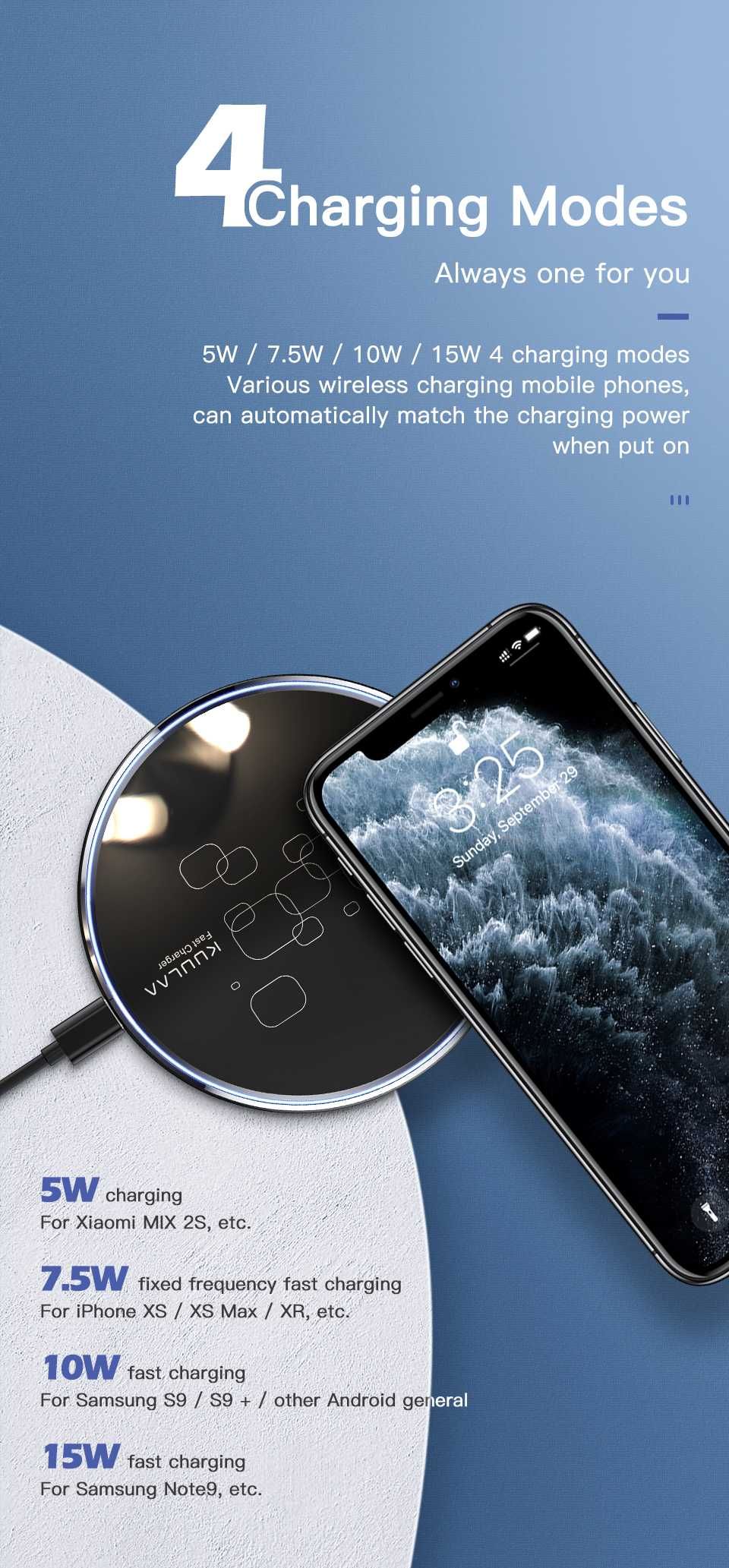Бездротова зарядка QI Fast Charger 15W Huawei Samsung iPhone Apple