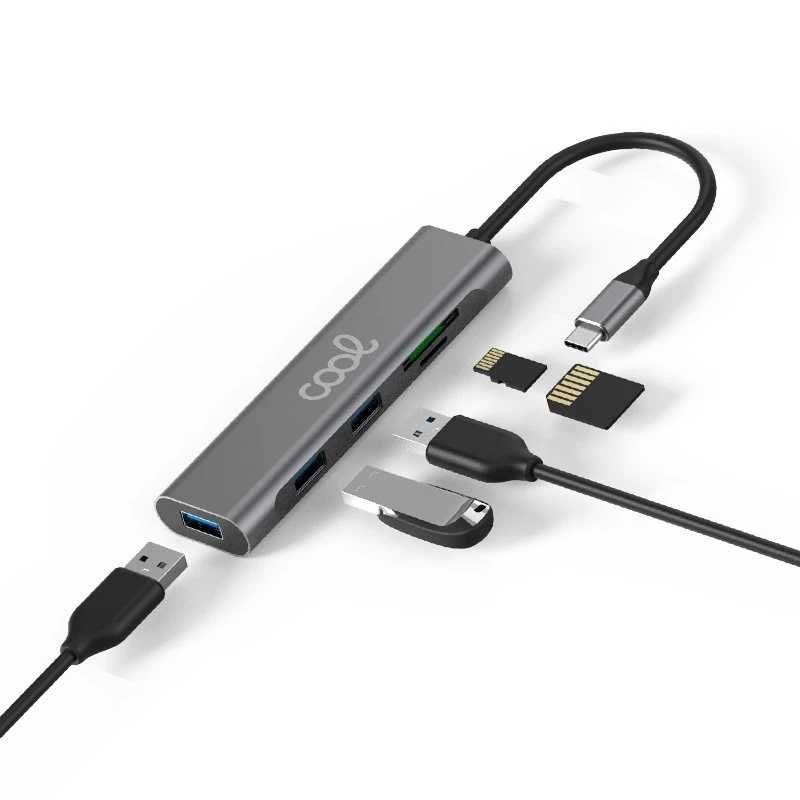 Hub Universal 5 em 1 de Alumínio Tipo C 3 x USB 3.0 + SD + Micro SD