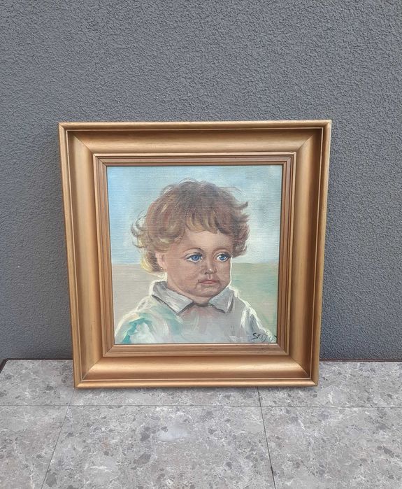 55 Portret dziecka stary obraz olejny sygnowany gruba złota rama