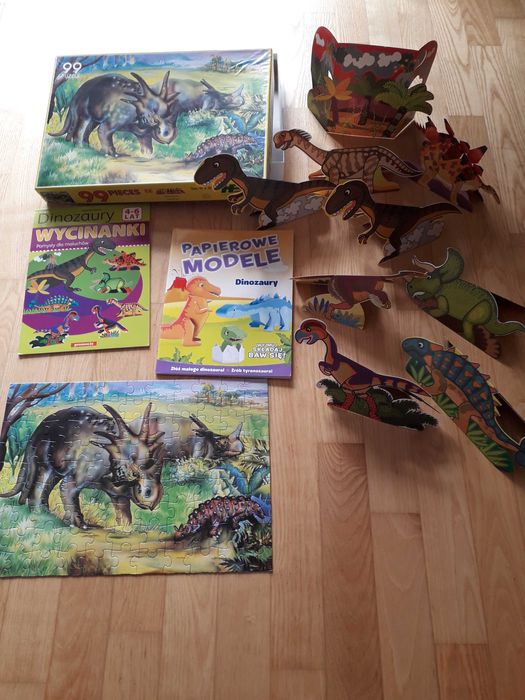 Dinozaury puzzle 99elem.,wycinanki zestaw 9 el.,papierowe modele 3el.
