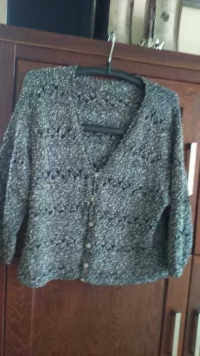 Sweter ażur bolerko narzutka-rękaw 3/4 szaro-biały melanż XL-XXL