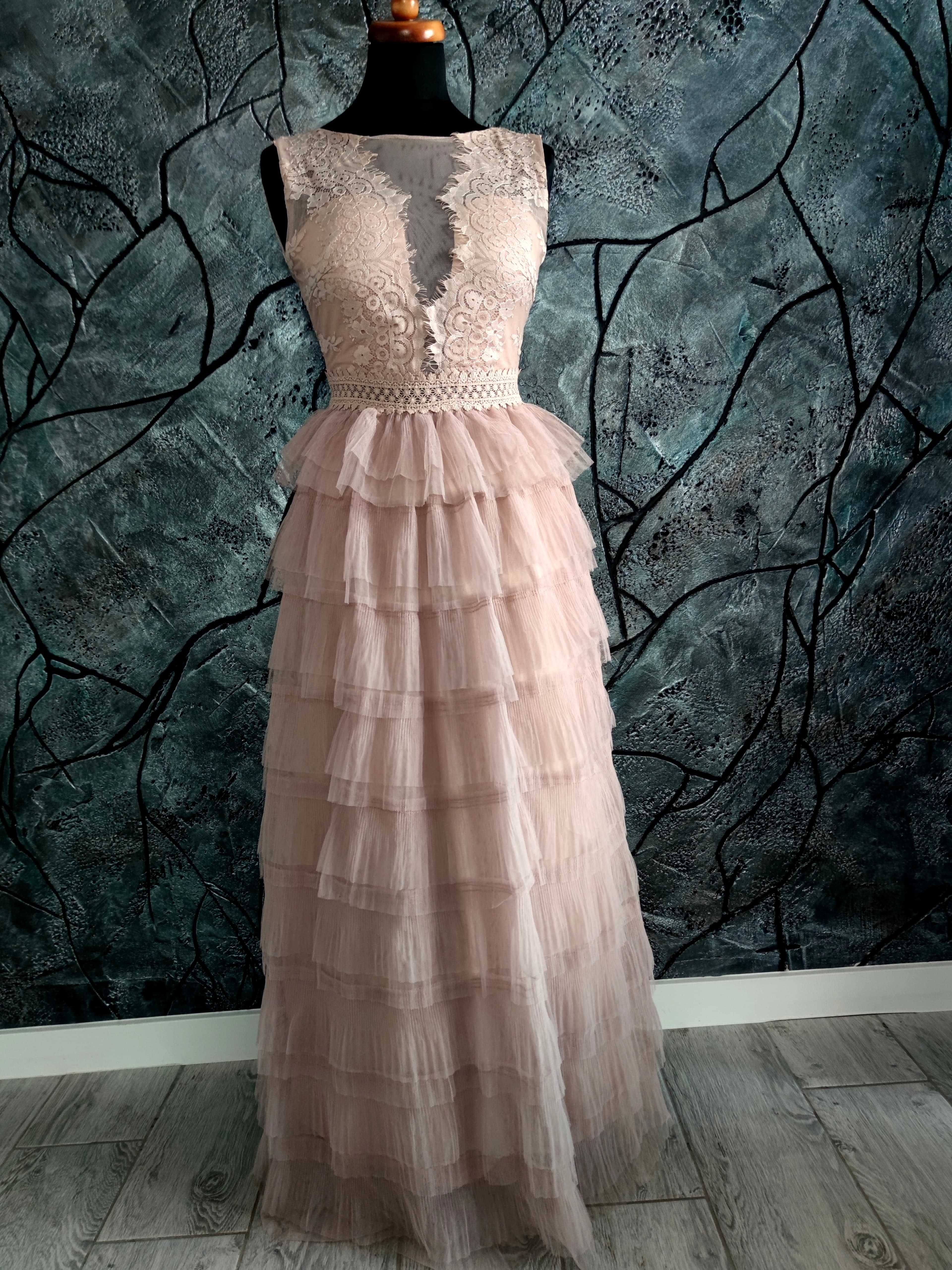 Długa suknia tiulowa rozmiar l 40 m 38 koronkowa retro ślubna vintage
