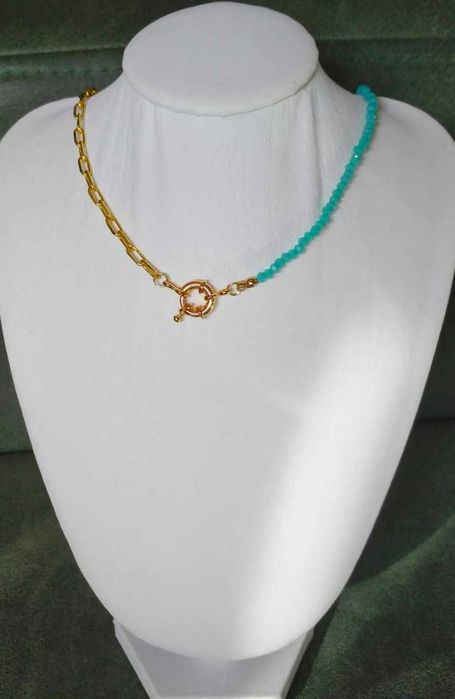 Colar Aço e Metade  Contas Vidro Facetado Azul Claro NOVO - SALDO