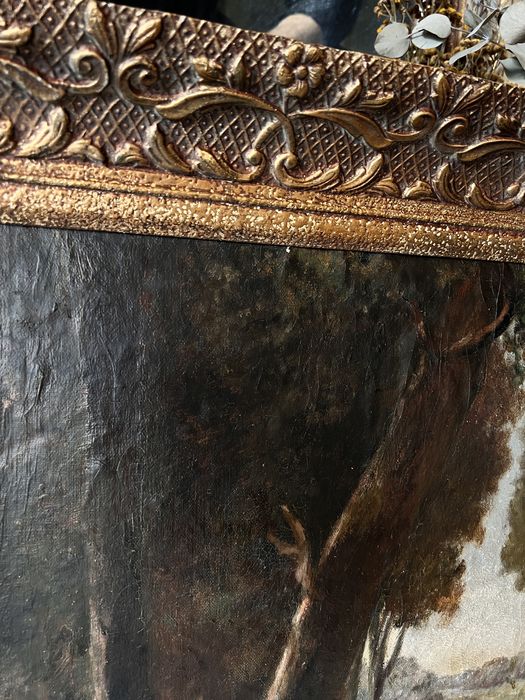 Stary duży obraz olejny antyk pejzaż drzewa las 1950 vintage zlota