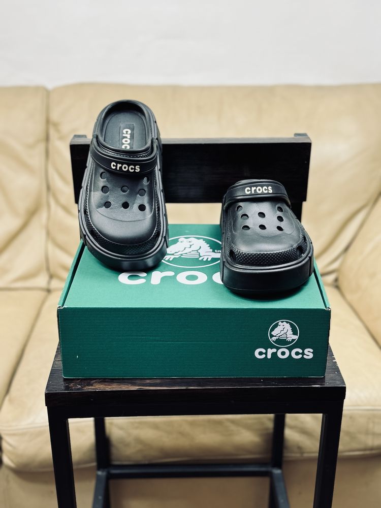 Кроксы крокси женские черные на высокой подошве Crocs Mega платфарма