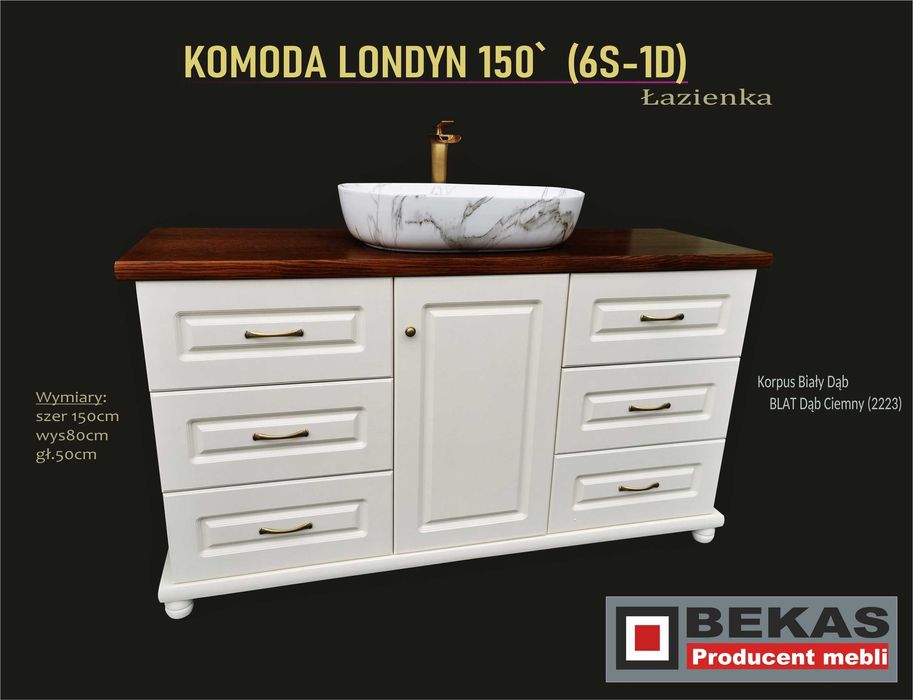 Komoda Łazienka Kuchnia Turkus Biała Blat Dąb Natural PRODUCENT BEKAS