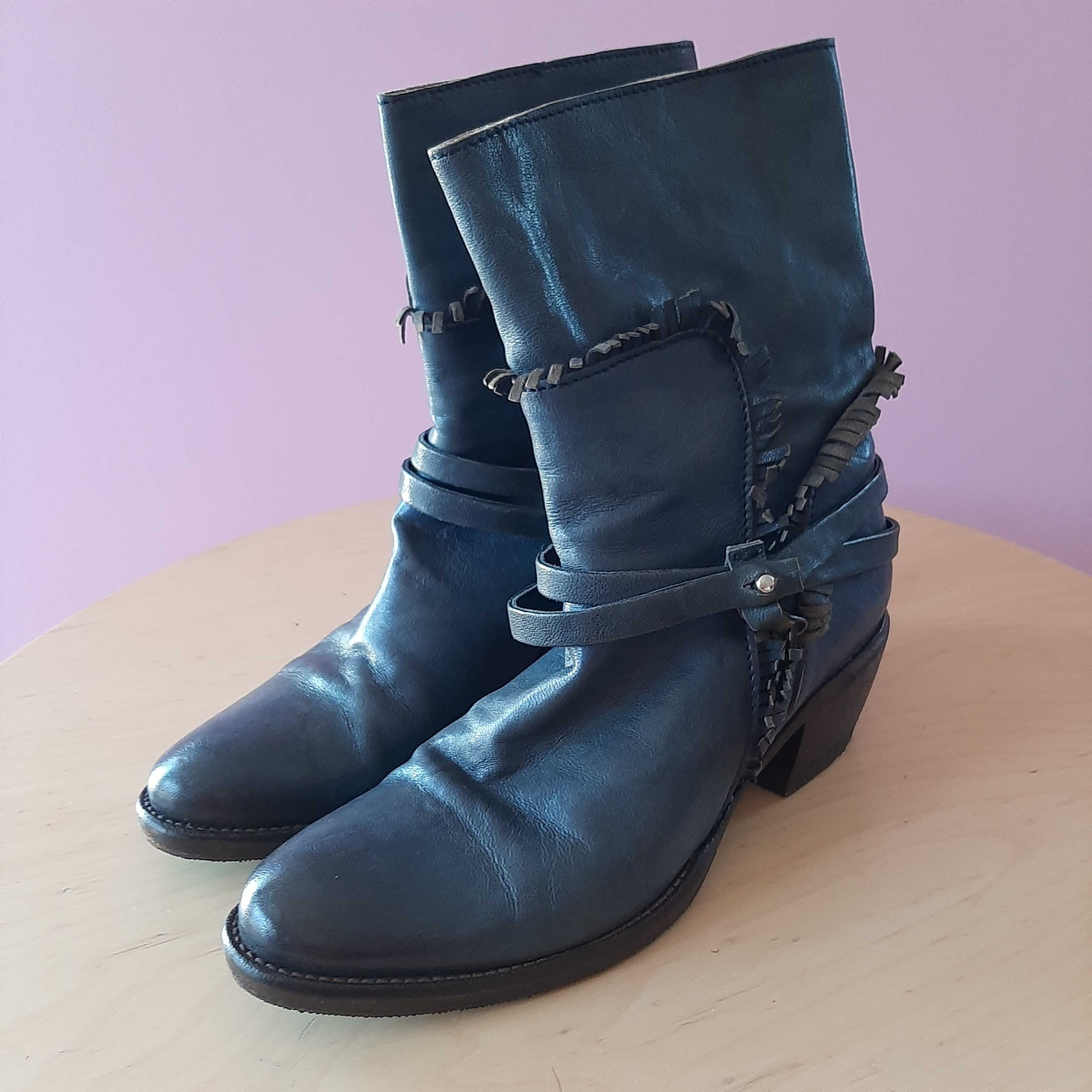 Botins 100% Pele - Azul - Estilo Texano num 38