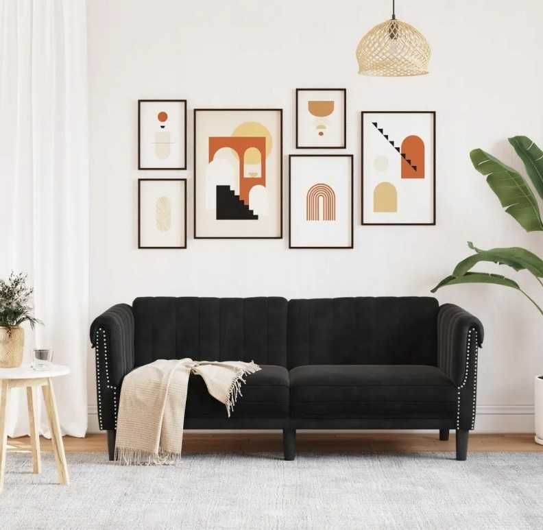Sofa czarna cekiny do biura salonu nowoczesny styl aksamit 185 cm