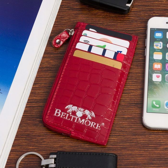 Etui na dokumenty karty czerwone skórzane skóra croco portfel slim