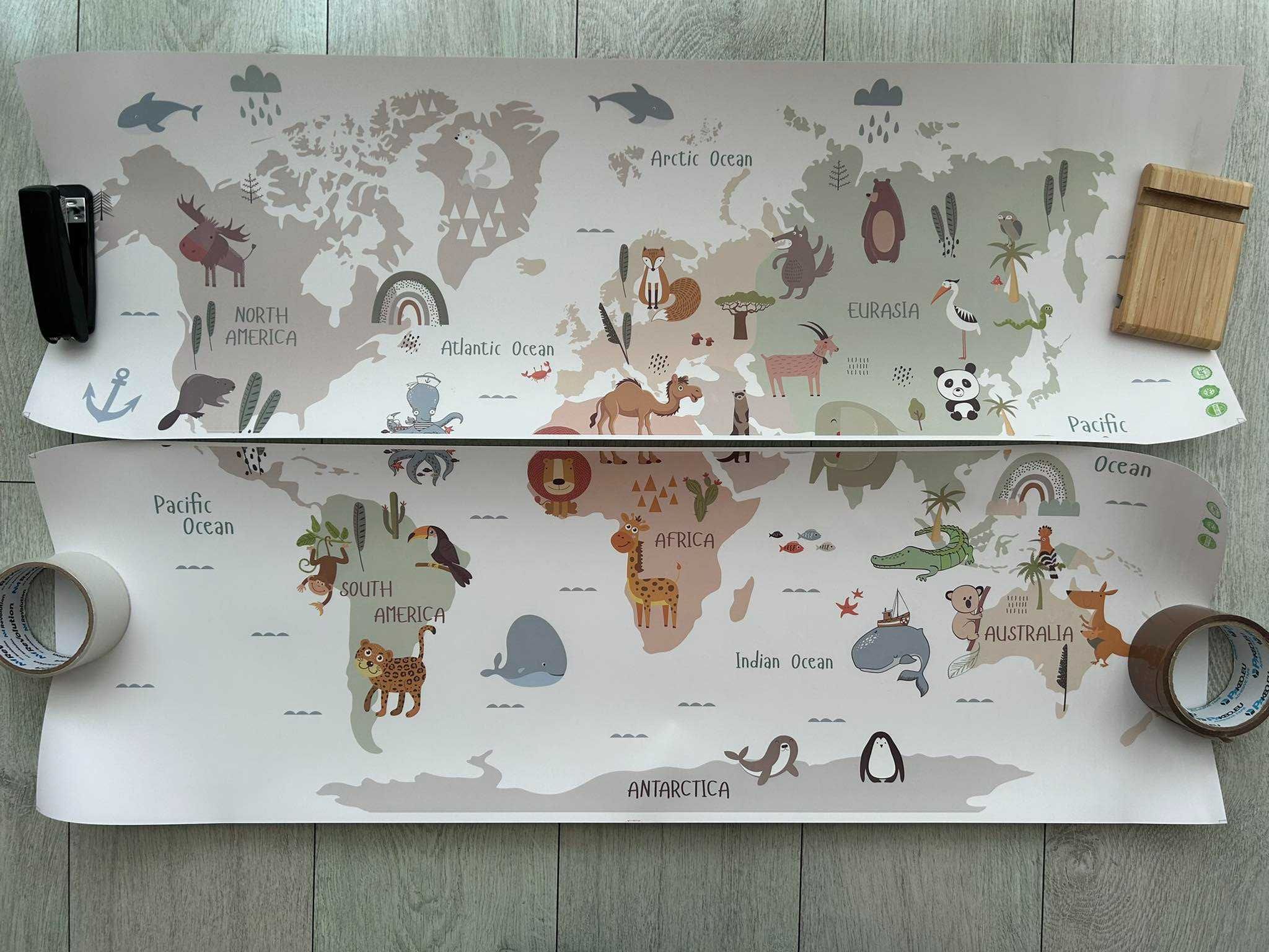 Naklejki na ścianę do pokoju dziecka Mapa Świata ze zwierzątkami