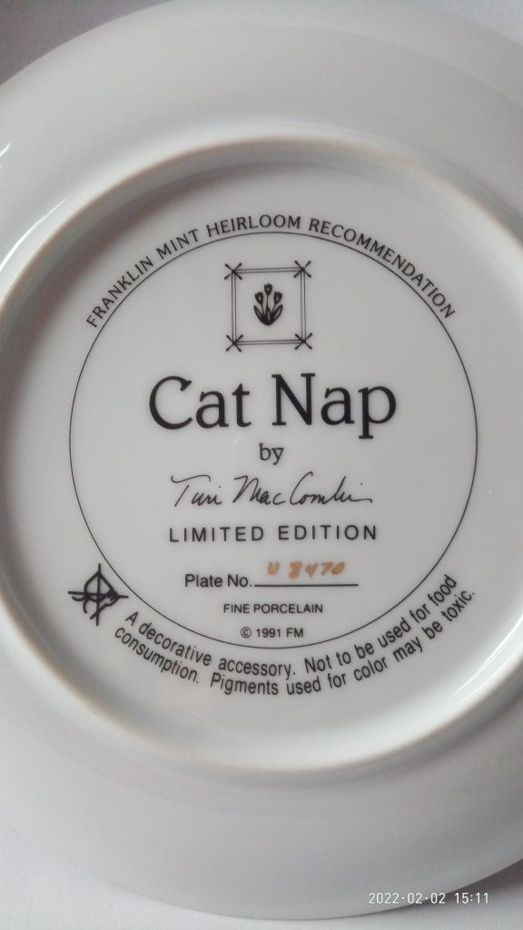 Коллекционная номерная тарелка на стену с кошками.Англия.