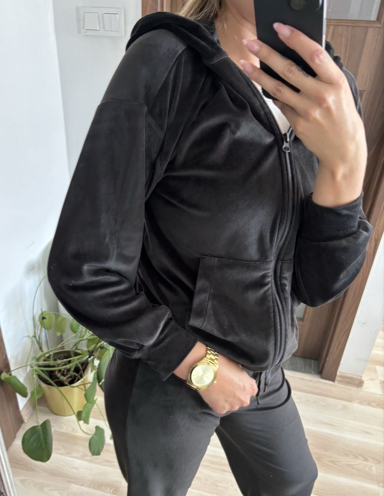 Czarny dres welurowy damski bluza i spodnie na gumce S Janina